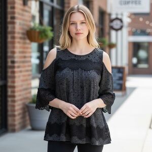 ANN TAYLOR LOFT L Gray Knit Black Polka Dot Lace Open Shoulder R $69